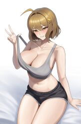 Rule 34 | 1girl, absurdres, ahoge, anis (nikke), bare arms, bare shoulders, black shorts, bodam, breasts, brown eyes, brown hair, cleavage, collarbone, commentary, crop top, goddess of victory: nikke, grey sports bra, hair ornament, hairpin, highres, large breasts, looking at viewer, navel, on bed, pulled by self, short hair, shorts, simple background, sitting, smile, solo, sports bra, stomach, strap pull, thick thighs, thighs, w, white background, yellow eyes