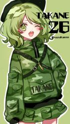 Rule 34 | 1girl, black headwear, camouflage, camouflage hoodie, camouflage skirt, character name, clothes writing, cowboy shot, green background, green eyes, green hair, green skirt, hand on own hip, heart, highres, key, kyouda suzuka, long sleeves, looking at viewer, one eye closed, open mouth, pocket, short hair, simple background, skirt, sleeves past fingers, sleeves past wrists, solo, standing, symbol-shaped pupils, teeth, touhou, twitter username, v-shaped eyebrows, yamashiro takane
