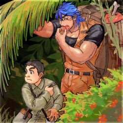 Rule 34 | 2boys, adjusting strap, backpack, bag, belt, black hair, black shirt, blue hair, boned meat, border, brown eyes, bush, closed mouth, collared shirt, commentary, desu bba, eating, facial scar, food, halftone, highres, holding, holding food, jumpsuit, jungle, komatsu (toriko), lapels, looking at viewer, male focus, meat, multiple boys, muscular, muscular male, nature, notched lapels, open mouth, orange jumpsuit, palm leaf, pectorals, plant, scar, scar on cheek, scar on ear, scar on face, shirt, short hair, sleeveless jumpsuit, thick eyebrows, toriko, toriko (series), transparent border, upper body, vines