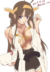 Rule 34 | 1girl, ahoge, braid, braided bun, breasts, brown hair, cleavage, collarbone, commentary request, dated, detached sleeves, double bun, frilled skirt, frills, hair bun, hairband, hand up, headgear, japanese clothes, kantai collection, kongou (kancolle), kongou kai ni (kancolle), large breasts, long hair, looking at viewer, moke ro, nontraditional miko, one-hour drawing challenge, pleated skirt, purple eyes, ribbon-trimmed sleeves, ribbon trim, simple background, skirt, smile, solo, twitter username, white background