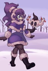 Rule 34 | 1girl, @ @, alternate costume, alternate hairstyle, bare tree, black footwear, boots, bow, brown gloves, brown pantyhose, capelet, commentary, creatures (company), dress, english commentary, fur-trimmed capelet, fur trim, game freak, gen 6 pokemon, gloves, hairband, hex maniac (pokemon), highres, kurt robinson, long hair, nintendo, open mouth, outdoors, pantyhose, phantump, pokemon, pokemon (creature), pokemon xy, ponytail, purple capelet, purple dress, purple eyes, purple hair, sky, smile, snow, standing, tree, winter clothes