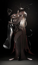 Rule 34 | 1girl, absurdres, bare shoulders, black background, black mask, blonde hair, blue eyes, blush, breasts, cleavage, collarbone, dress, full body, genshin impact, grey skirt, highres, lace-trimmed eyepatch, large breasts, long hair, looking at viewer, open mouth, pelvic curtain, sai (cpjackiry4), signora (genshin impact), skirt, smile, solo, tongue, tongue out, white dress