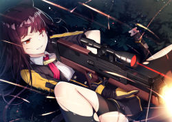 Rule 34 | 1girl, black gloves, black pantyhose, black skirt, bleeding, blood, blood on face, breasts, bullet, bullpup, buttons, clenched teeth, collared shirt, commentary request, firing, furrowed brow, girls&#039; frontline, gloves, grass, gun, high-waist skirt, holding, holding weapon, injury, jacket, knee up, large breasts, long hair, long sleeves, looking away, lying, miniskirt, motion blur, muzzle flash, necktie, night, on back, one eye closed, one side up, open clothes, open jacket, pantyhose, parted lips, projectile trail, purple hair, red eyes, red necktie, revision, rifle, scope, shirt, sidelocks, skirt, sniper rifle, solo, striped clothes, striped shirt, teeth, torn clothes, torn jacket, torn pantyhose, tracer ammunition, underbust, v-shaped eyebrows, wa2000 (girls&#039; frontline), walther, walther wa 2000, weapon, white shirt, yan (nicknikg)