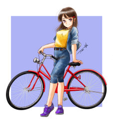 Rule 34 | 1girl, belt, bicycle, brown hair, chutohampa, denim, full body, jeans, long hair, looking at viewer, original, pants, purple background, purple footwear, shirt, shirt tucked in, shoes, signature, smile, solo, standing, yellow shirt