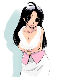 Rule 34 | 00s, 1girl, ahoge, areola slip, bare shoulders, black eyes, black hair, breast hold, breasts, cleavage, collarbone, cute &amp; girly (idolmaster), duplicate, head tilt, hip focus, idolmaster, idolmaster (classic), idolmaster 1, large breasts, lips, long hair, looking at viewer, miura azusa, no bra, open clothes, open shirt, parted bangs, shirt, simple background, smile, snow strawberry, solo, standing, straight hair, white background, yuu (kfc)