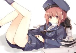 Rule 34 | 10s, 1girl, ass, brown eyes, brown hair, clothes writing, dress, hat, kantai collection, kinona, panties, sailor dress, sailor hat, short hair, simple background, solo, turret, underwear, z3 max schultz (kancolle)