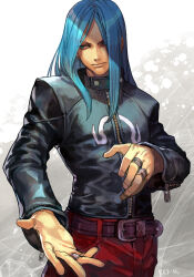 Rule 34 | 1boy, belt, black jacket, blue eyes, blue hair, capcom, closed mouth, hair over one eye, hungry clicker, jacket, jewelry, long hair, long sleeves, looking to the side, male focus, pants, red pants, remy (street fighter), ring, sidelocks, solo, street fighter, street fighter iii (series), zipper