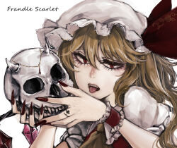 Rule 34 | 1girl, ascot, blonde hair, character name, crystal, fangs, fingernails, flandre scarlet, floral print, hair between eyes, hat, highres, holding, holding skull, kyogoku-uru, long fingernails, looking at viewer, medium hair, mob cap, multicolored wings, nail polish, one side up, open mouth, puffy short sleeves, puffy sleeves, red eyes, red nails, red vest, rose print, sharp fingernails, shirt, short sleeves, simple background, skull, solo, teeth, tongue, tongue out, touhou, upper teeth only, vest, white background, white hat, white shirt, wings, wrist cuffs, yellow ascot