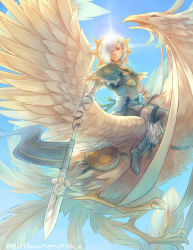 Rule 34 | 1boy, artist name, bird, blue hair, boots, day, feathered wings, feathers, fire emblem, fire emblem fates, hair over one eye, hasuyawn, holding, holding weapon, male focus, nintendo, open mouth, polearm, shigure (fire emblem), sky, solo, spear, sun, watermark, weapon, web address, wings, yellow eyes