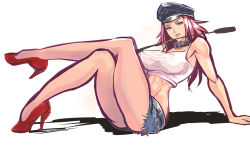 Rule 34 | 1girl, blue shorts, breasts, crop top, denim, denim shorts, covered erect nipples, female focus, final fight, full body, hat, high heels, large breasts, legs, crossed legs, long hair, long legs, looking at viewer, midriff, mikazuki shigure, peaked cap, pink hair, poison (final fight), red footwear, riding crop, shoes, short shorts, shorts, sitting, narrow waist, solo, tank top, thighs, toned, tongue, tongue out, white background