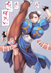 Rule 34 | 1girl, 2boys, bracelet, breasts, capcom, censored, chun-li, covered erect nipples, double bun, hair bun, highres, huge breasts, jewelry, leg up, mogudan, multiple boys, nipples, pantyhose, penis, pussy, sex, solo, spiked bracelet, spikes, spread legs, standing, standing on one leg, street fighter, torn clothes, torn pantyhose, vaginal