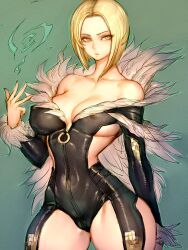 Rule 34 | 1girl, benedikta harman, blonde hair, covered erect nipples, final fantasy, final fantasy xvi, fumio (rsqkr), fur collar, fur trim, garter straps, green background, highres, holding, looking at viewer, magic, nipples, revealing clothes, short hair, simple background, solo, wide hips, yellow eyes