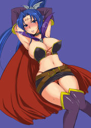 Rule 34 | 1girl, belt, blue eyes, blue hair, blush, breasts, cape, choker, cleavage, earrings, facial mark, gloves, jewelry, large breasts, long hair, magical halloween, mitsugi, navel, nipples, ponytail, rosemary bergamot, solo, thighhighs