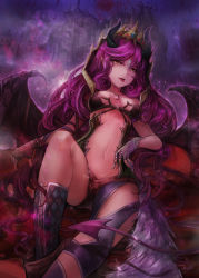 Rule 34 | 1girl, absurdres, breasts, breasts apart, dawito, demon girl, demon horns, demon tail, demon wings, facial mark, fangs, forehead mark, hair between eyes, highres, horns, jewelry, kneehighs, long hair, looking at viewer, medium breasts, navel, necklace, o-ring, o-ring top, open mouth, original, pink hair, pointy ears, sitting, slit pupils, socks, solo, tail, tongue, tongue out, very long hair, wings, yellow eyes