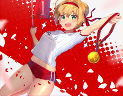 Rule 34 | 1girl, :d, arm up, blonde hair, blurry, blush, braid, buruma, character name, depth of field, dutch angle, fate/grand order, fate (series), fingernails, flag, french braid, glint, green eyes, gym uniform, hair between eyes, hair bun, hair intakes, hair ribbon, halftone, halftone background, head tilt, headband, highres, holding, leg up, looking at viewer, medal, midriff, motion blur, name tag, nayuta (una), nero claudius (fate), nero claudius (fate) (all), nero claudius (fate/extra), nero claudius (olympian bloomers) (fate), official alternate costume, open mouth, outstretched arm, petals, red background, red buruma, red headband, red ribbon, ribbon, rose petals, shiny skin, shirt, short hair, short sleeves, sidelocks, single hair bun, smile, solo, sparkle, standing, standing on one leg, teeth, upper teeth only, white background, white shirt