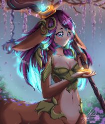 Rule 34 | 1girl, blue eyes, breasts, centaur, cleavage, league of legends, lillia (league of legends), lips, medium breasts, monster girl, pointy ears, purple hair, reindeer girl, solo, staff, tail, taur