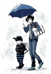 Rule 34 | 2boys, ahoge, animal ear headwear, animal ears, bag, beanie, belt, belt buckle, black belt, black footwear, black hair, black hat, black jacket, black pants, black sleeves, blue footwear, blue jacket, blue pants, blue shirt, blue sleeves, blue theme, blue umbrella, blush stickers, brown hair, buckle, buttons, cat ears, closed eyes, collared jacket, commentary request, danganronpa (series), danganronpa v3: killing harmony, double-breasted, eyelashes, fake animal ears, frown, full body, hair between eyes, hands in pockets, hat, height difference, high collar, holding, holding umbrella, hoshi ryoma, jacket, layered sleeves, leather, leather jacket, long sleeves, looking at another, looking down, male focus, multiple boys, open mouth, pants, pinstripe jacket, pinstripe pants, pinstripe pattern, pocket, puddle, rain, saihara shuichi, school bag, shirt, shoes, short hair, shoulder bag, simple background, striped clothes, striped pants, sweatdrop, tnoji, twitter username, two-tone pants, umbrella, vertical-striped sleeves, walking, wet, white background, white bag, yellow eyes, zipper