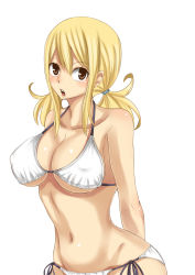 Rule 34 | 1girl, bikini, blonde hair, breasts, brown eyes, fairy tail, highres, large breasts, long hair, lucy heartfilia, simple background, solo, swimsuit, white background, xsorax812