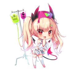 Rule 34 | 1girl, :3, amatsuji, bare shoulders, belt, blonde hair, blush, chibi, commentary request, commission, demon girl, demon horns, demon tail, demon wings, detached sleeves, eyelashes, eyes visible through hair, fang, hair between eyes, hair ornament, hairclip, half updo, halloween, hand on own hip, hand to own mouth, hand up, hat, heart, heart o-ring, highres, horns, indie virtual youtuber, intravenous drip, long sleeves, looking at viewer, miniskirt, nurse, nurse cap, open mouth, original, pink footwear, pleated skirt, red eyes, ruruhara ruruka, sample watermark, simple background, skin fang, skirt, smile, solo, swept bangs, tail, thigh strap, thighhighs, twintails, virtual youtuber, watermark, white background, white belt, white skirt, white sleeves, white thighhighs, wide sleeves, wings, x hair ornament, zettai ryouiki
