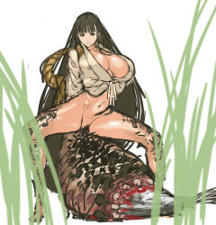 Rule 34 | 1girl, black hair, blood, blunt bangs, bottomless, breasts, cleavage, eating, extra mouth, extra teeth, facing viewer, female pubic hair, finger gun, fish, front-tie top, full body, grass, highres, huge breasts, large breasts, legs, long hair, looking at viewer, mini person, minigirl, monster girl, nameo (judgemasterkou), original, pubic hair, smile, solo, spread legs, squatting, thighs, tiptoes, vagina dentata, very long hair, what