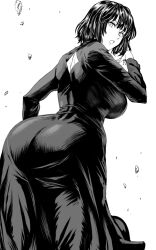 Rule 34 | 1girl, ass, ass focus, back cutout, black dress, black hair, blunt bangs, breasts, clothing cutout, daraz, dress, facing away, floating rock, from behind, fubuki (one-punch man), greyscale, highres, large breasts, looking at viewer, looking back, monochrome, one-punch man, rock, short hair, sideboob, simple background, solo, white background