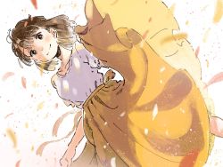 Rule 34 | 1girl, back bow, bow, brown hair, commentary request, dutch angle, highres, kana (okitasougo222), looking at viewer, original, petals, shirt, shirt hold, short hair, short sleeves, skirt, smile, solo, white shirt, wind, yellow skirt