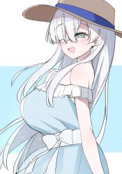 Rule 34 | 1girl, akitokage, anastasia (fate), anastasia (swimsuit archer) (fate), anastasia (swimsuit archer) (first ascension) (fate), blue eyes, breasts, dress, earrings, fate/grand order, fate (series), hair over one eye, hat, highres, jewelry, large breasts, long hair, one eye closed, silver hair, straw hat, sundress