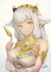 Rule 34 | 1girl, animal ears, armlet, ash (fire emblem), atoatto, bare shoulders, black horns, breasts, closed mouth, collarbone, commentary request, cow ears, cow girl, cow horns, cow tail, dark-skinned female, dark skin, dress, fire emblem, fire emblem heroes, gold trim, holding, holding tail, horns, jewelry, large breasts, long hair, looking at viewer, nintendo, signature, sleeveless, sleeveless dress, smile, solo, tail, upper body, white dress, white hair, yellow eyes