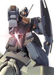 Rule 34 | absurdres, assault visor, beam saber, clenched hand, gm quel, gundam, gundam 0083, highres, holding, holding sword, holding weapon, mecha, mobile suit, no humans, radio antenna, robot, science fiction, shield, solo focus, sword, takahashi masaki, weapon, white background, zaku ii f2