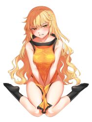 Rule 34 | 1girl, annoyed, blonde hair, blush, breasts, c i an, clenched teeth, from above, highres, large breasts, long hair, looking at viewer, matara okina, naked tabard, no headwear, simple background, sitting, socks, solo, sweat, tabard, teeth, touhou, v arms, very long hair, wariza, wavy hair, white background, yellow eyes