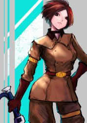 Rule 34 | 1girl, armband, belt, brown eyes, brown hair, choker, commentary, contrapposto, gloves, highres, holding, holding whip, looking at viewer, military, military uniform, short hair, snk, solo, the king of fighters, thigh strap, uniform, whip, whip (kof), yuu (primenumber7)