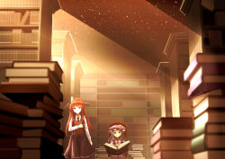Rule 34 | 2girls, absurdres, book, book stack, bookshelf, chair, clere, hair ribbon, hat, head wings, highres, koakuma, light particles, long hair, looking at viewer, mob cap, multiple girls, necktie, patchouli knowledge, pile of books, purple eyes, purple hair, red eyes, red hair, revision, ribbon, sitting, skirt, smile, touhou, vest, wings
