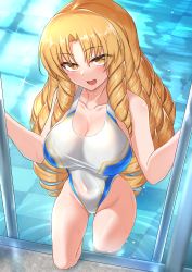 Rule 34 | 1girl, bare shoulders, blonde hair, blush, breasts, brown eyes, cleavage, collarbone, covered navel, coyomin, drill hair, fate/kaleid liner prisma illya, fate (series), highleg, highleg swimsuit, highres, large breasts, long hair, looking at viewer, luviagelita edelfelt, one-piece swimsuit, open mouth, parted bangs, pool, poolside, quad drills, smile, solo, swimsuit, thighs, very long hair, wet, white one-piece swimsuit