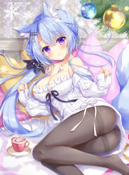 Rule 34 | 1girl, ameto yuki, animal ear fluff, animal ears, ass, bare shoulders, black pantyhose, blue hair, blush, breasts, christmas ornaments, cleavage, closed mouth, collarbone, commentary request, cup, dress, fox ears, fox tail, hair between eyes, hair bun, highres, indoors, large breasts, long sleeves, low ponytail, no shoes, off-shoulder sweater, off shoulder, original, pantyhose, pinching sleeves, puffy long sleeves, puffy sleeves, purple eyes, saucer, side ponytail, single side bun, sleeves past wrists, smile, snowflakes, solo, sweater, sweater dress, tail, twitter username