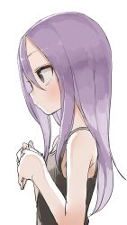 Rule 34 | 1girl, absurdres, bare shoulders, blush, brown eyes, closed mouth, clothing request, commentary request, from side, hair between eyes, hair down, highres, long hair, looking afar, own hands together, parted bangs, purple hair, sidelocks, simple background, solo, soredemo ayumu wa yosetekuru, spaghetti strap, standing, upper body, white background, yamamoto souichirou, yaotome urushi