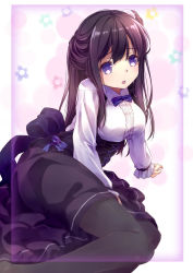 Rule 34 | 1girl, 54hao, :o, arm support, black pantyhose, black skirt, blue bow, blue bowtie, blush, bow, bowtie, collared shirt, commentary request, corset, hair between eyes, hair ornament, hair scrunchie, highres, long sleeves, looking at viewer, meme attire, one side up, original, pantyhose, parted lips, purple eyes, scrunchie, shirt, skirt, solo, virgin killer outfit, white scrunchie, white shirt