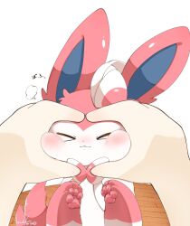 Rule 34 | 1other, blush, bow, closed eyes, creatures (company), game freak, gen 6 pokemon, heart, highres, nintendo, pawpads, pokemon, pokemon (creature), pon (nurunuruparty26), ribbon, sylveon, twitter username, white background