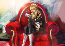Rule 34 | 1boy, blonde hair, cavendish, couch, crown, flower, flower in mouth, full mouth, gloves, highres, holding, holding flower, ljjshmhday, long hair, long sleeves, male focus, multicolored background, on couch, one piece, petals, red flower, red rose, rose, rose petals, sitting, smile, white footwear, white gloves