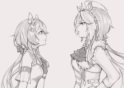 Rule 34 | 2girls, aburi-gatana, ahoge, animal ears, arm garter, ascot, breasts, clenched hand, closed mouth, dress, ear covers, eye contact, from side, frown, greyscale, hairband, hand on own chest, hand on own hip, height difference, highres, horse ears, horse girl, jacket, long hair, long sleeves, looking at another, monochrome, multiple girls, orfevre (umamusume), sleeveless, sleeveless dress, small breasts, sweatdrop, umamusume, upper body, v-shaped eyebrows, win variation (umamusume)