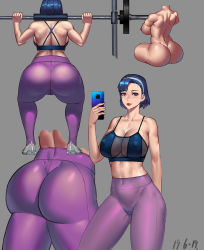 Rule 34 | 1girl, absurdres, ass, blue hair, breasts, butt crack, cameltoe, cellphone, cleavage, golden pile of gold, gym, highres, jin yi dui, leggings, nipples, nude, pants, phone, see-through, smartphone, squatting, yoga pants