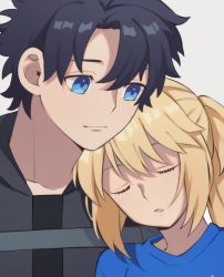 Rule 34 | 1boy, 1girl, artoria caster (fate), artoria pendragon (fate), arts shirt, black hair, black shirt, blonde hair, blue eyes, blue shirt, blush, closed eyes, closed mouth, commentary request, fate/grand order, fate (series), fujimaru ritsuka (male), fujimaru ritsuka (male) (polar chaldea uniform), godeaterlove76, grey background, hair between eyes, leaning on person, long hair, looking at another, open mouth, polar chaldea uniform, ponytail, portrait, shirt, short hair, sidelocks, simple background, sleeping, uniform