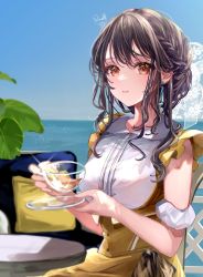 Rule 34 | 1girl, blue sky, blush, braid, brown hair, chair, closed mouth, cup, dress, earrings, frilled dress, frills, hand up, highres, holding, holding cup, holding plate, jewelry, long hair, looking at viewer, ocean, orange eyes, original, outdoors, plate, puracotte, shirt, signature, sitting, sky, sleeveless, sleeveless dress, sleeveless shirt, solo, table, water, white shirt, yellow dress
