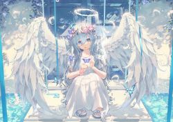 Rule 34 | 1girl, :o, absurdres, angel, angel wings, blue butterfly, blue eyes, blue flower, blue hair, blue ribbon, bow, bug, butterfly, commentary, dress, feathered wings, feathers, flower, flower necklace, flower wreath, footwear bow, full body, fuunyon, hair between eyes, halo, head wreath, highres, insect, jewelry, long hair, looking at animal, necklace, open mouth, original, pink flower, pink scrunchie, ribbon, sandals, scrunchie, short sleeves, solo, squatting, toenails, water, white bow, white dress, white footwear, white wings, wings