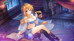 Rule 34 | 1girl, arabian clothes, black legwear, blonde hair, blue skirt, book, bookshelf, breasts, candle, card, cleavage, closed mouth, collar, crossed legs, date a live, date a live: spirit pledge, fireplace, grey eyes, highres, holding, holding card, indoors, long hair, looking at viewer, official art, sitting, skirt, smile, solo, underwear, veil, yamai yuzuru