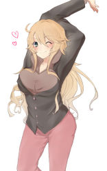 Rule 34 | 10s, 1girl, alternate costume, arms up, black shirt, blonde hair, blue eyes, breasts, dress shirt, iowa (kancolle), kantai collection, large breasts, long hair, minoco (sana moko), one eye closed, pants, red pants, shirt, simple background, solo, stretching, white background