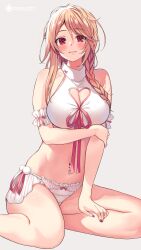 Rule 34 | 1girl, absurdres, bare shoulders, blonde hair, blush, braid, breasts, cleavage, cleavage cutout, clothing cutout, crop top, frills, grey background, heart cutout, highres, kurebayashi noe, large breasts, long hair, looking at viewer, midriff, nail polish, navel, navel piercing, open mouth, original, panties, piercing, red eyes, red nails, red ribbon, ribbon, sitting, solo, thighs, underwear, white panties