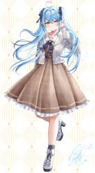 Rule 34 | 1girl, absurdres, ahoge, bare legs, black bow, blue hair, blush, bow, brown dress, cardigan, commentary request, commission, dated, dress, fujimori shiki, hair bow, hand up, heart, heart ahoge, high heels, highres, hololive, light blue hair, long hair, looking at viewer, patterned background, pointy ears, sailor collar, signature, simple background, skeb commission, solo, standing, standing on one leg, twintails, virtual youtuber, white background, white cardigan, white footwear, white sailor collar, yellow eyes, yukihana lamy, yukihana lamy (casual)