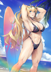 Rule 34 | 1girl, abs, alternate breast size, bare shoulders, barghest (fate), beach, biceps, bikini, black bikini, blonde hair, blue sky, blush, breasts, cleavage, fate/grand order, fate (series), green eyes, highleg, highleg bikini, highres, horns, large breasts, long hair, looking at viewer, muscular, muscular female, nakaga eri, navel, open mouth, shore, sidelocks, sky, smile, solo, surfboard, swimsuit, thick thighs, thighs