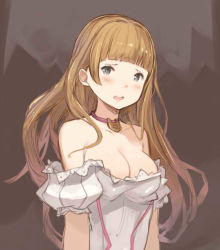 Rule 34 | 10s, 1girl, bad id, bad pixiv id, bare shoulders, blue eyes, blunt bangs, blush, breasts, brown hair, cagliostro (granblue fantasy), cleavage, granblue fantasy, hanarito, juliet (granblue fantasy), long hair, looking at viewer, open mouth, puffy short sleeves, puffy sleeves, short sleeves, solo, upper body