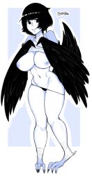 Rule 34 | 1girl, animal feet, artist name, black eyes, black feathers, black hair, black wings, blue background, bob cut, breasts, clothes lift, commission, dark souls (series), dark souls iii, feathers, greyscale, harpy, highres, large breasts, midriff, monochrome, monster girl, navel, nipples, panties, personification, pickle pee pump-a-rum crow, shirt lift, short hair, smile, sucaciic, talons, two-tone background, underwear, white background, winged arms, wings